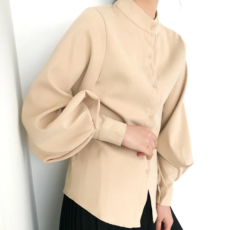 

Solid Chiffon Stand Neck Blouses Shirt Women Long Lantern Sleeve Casual Shirts Tops For Female