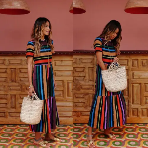 Женское длинное платье с коротким рукавом Boho свободное пляжное в полоску для