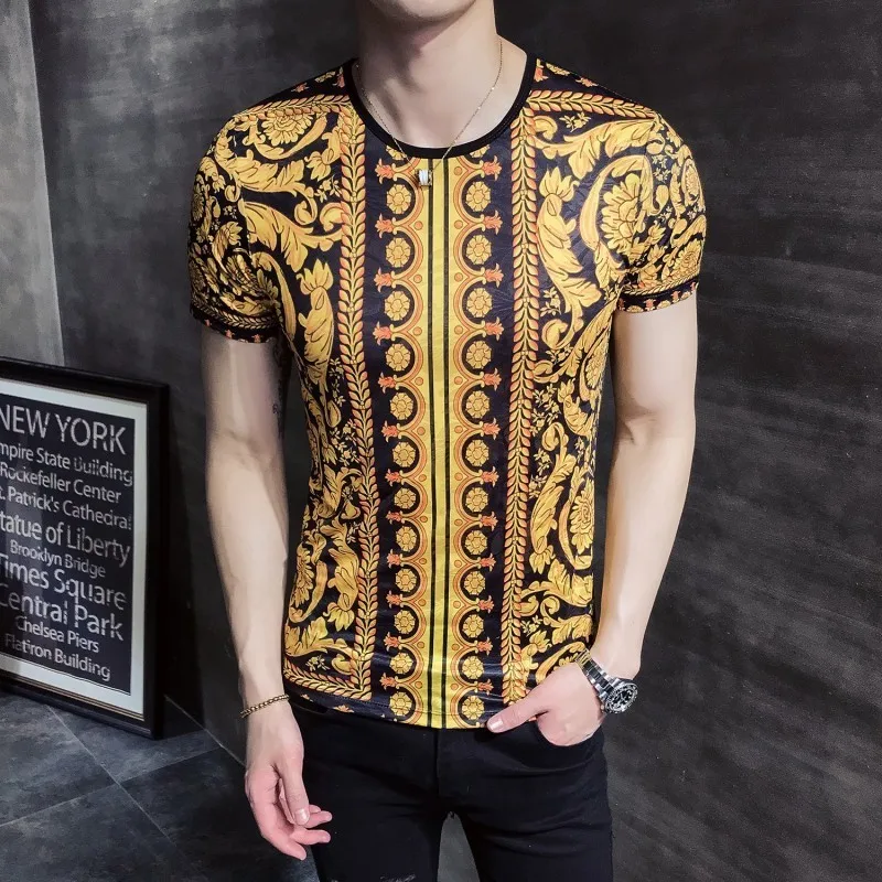 Барокко Панталон мода новая футболка с принтом Мужские Клубные вечерние  Hombre Camiseta Hombre манга Corta корейский ледяной шелк короткая футболка  золото | Мужская одежда | АлиЭкспресс
