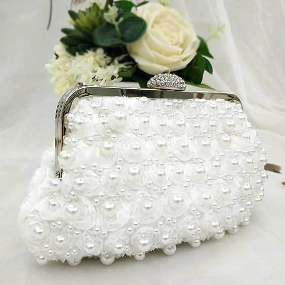 Women Elegant Artificial Pearl Wedding Handbag Luxury Beaded Large Capacity Lace Flower Clutch Bag Purse Fashion Evening Party | Багаж и