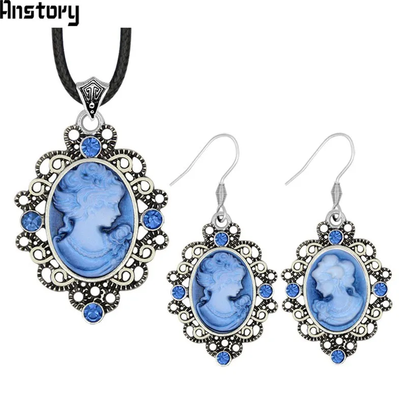 Oval Lady Queen Cameo Crystal Jewelry Set Antique Silver Plated Necklace Earrings Bracelet Fashion TS463 | Украшения и аксессуары