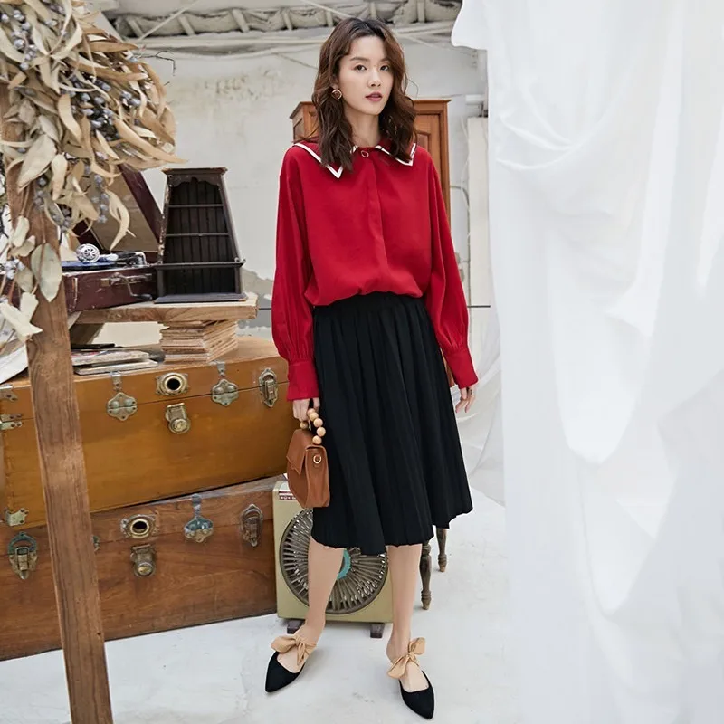 TWOTWINSTYLE Vintage Womens Shirts Blouse Sailor Collar Lantern Long Sleeve Hit Colors Embroidery Tops Female Spring 2019 New |