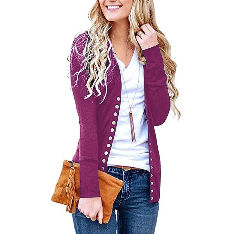 PEONFLY Women Cardigan Sweaters Jacket Knitting Solid Color V Neck Long Sleeve Single Row Button White Female Coat XXL |