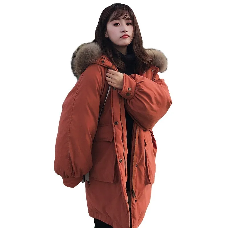 Big pocket fashion thickening tooling down cotton jacket hooded brick red winter jacket women Padded Overcoat chaqueta mujer 141