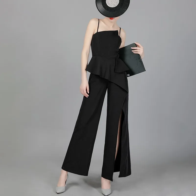 TWOTWINSTYLE Summer Sleeveless Slim Jumpsuit For Women High Waist Irregular Ruffles Split Chiffon Wide Leg Pants Female New 2020 | Женская