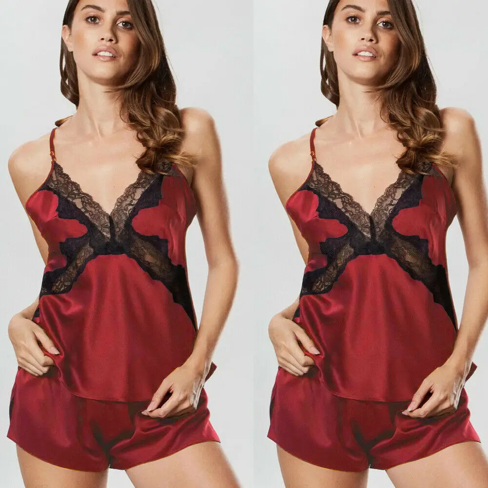 

2pcs Women Sexy Satin Lace Sleepwear Babydoll Lingerie Nightdress Pajamas Set Two Peace Sets Women Pullover Sleep Wear