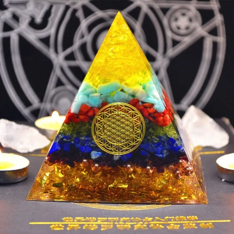 Orgonite Pyramid Reiki FengShui Decoration Handmade Crystal Rune Orgone Energy Converter Resin Decorative Craft Gathering Wealth