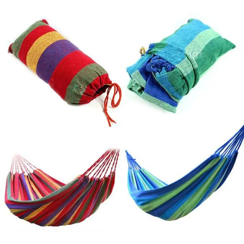 Single Portable Hammock Outdoor Garden Hammock Hanging Bed for Home Travel Camping Hiking Swing Canvas Stripe Hammock Red Sleep