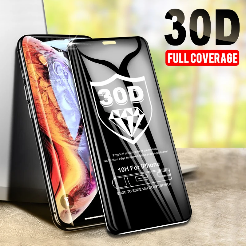30D защитное закаленное стекло для iPhone 7 6 6s Plus X Защитное 8 XR XS MAX полное покрытие