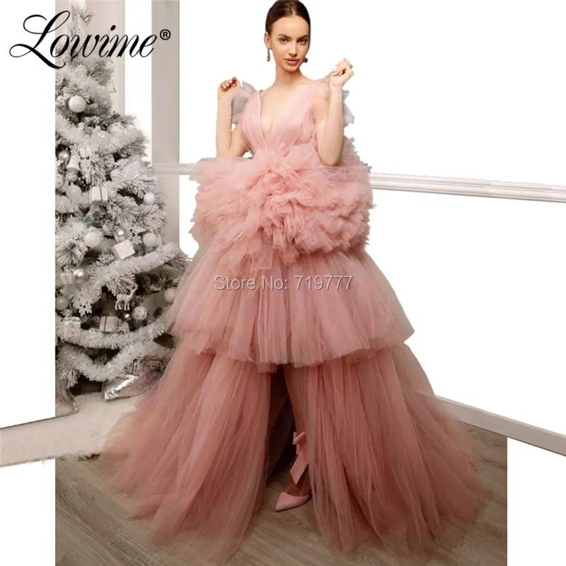 

Pink Formal V Neck Evening Dresses 2019 New Arrival Tiered Tulle Party Dress Kaftans Robe De Soiree Arabic Dubai Prom Dresses