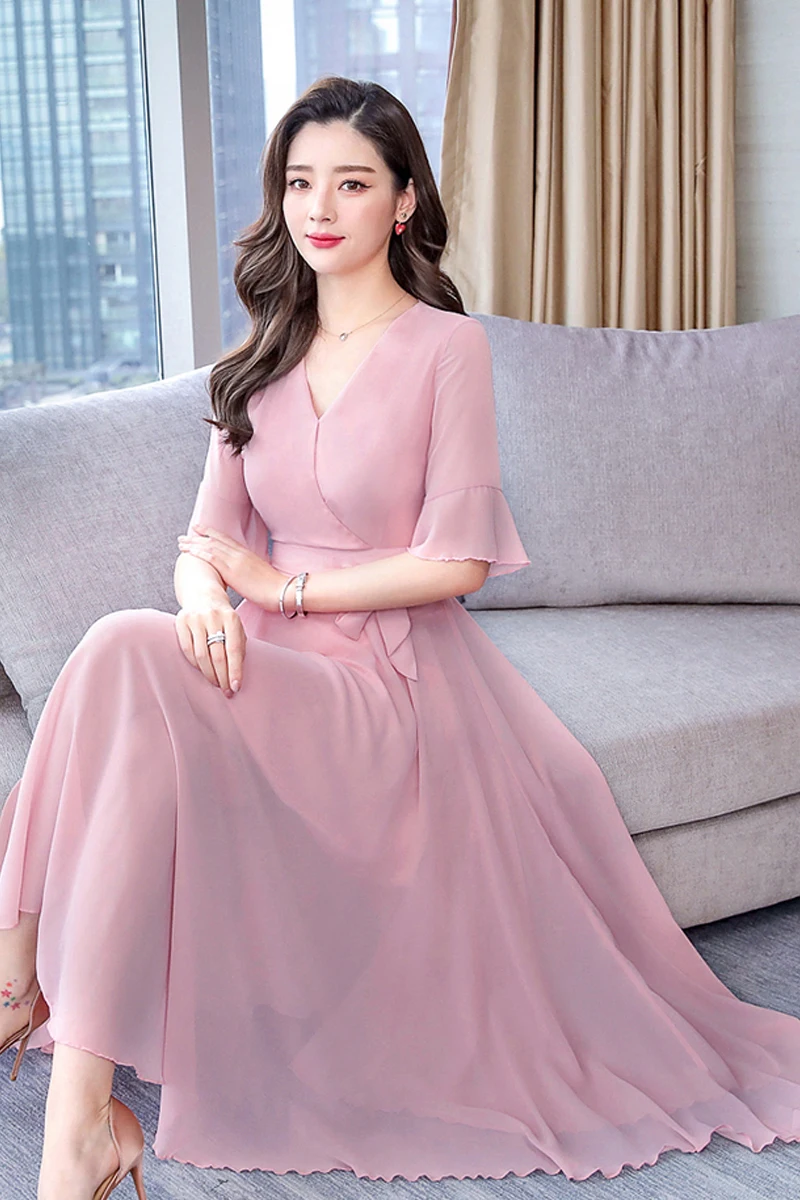 

plus size Women Summer Beach Chiffon Dresses Elegant V-neck Flare Sleeve Vintage Holiday Party Dress Vestidos De Fiesta