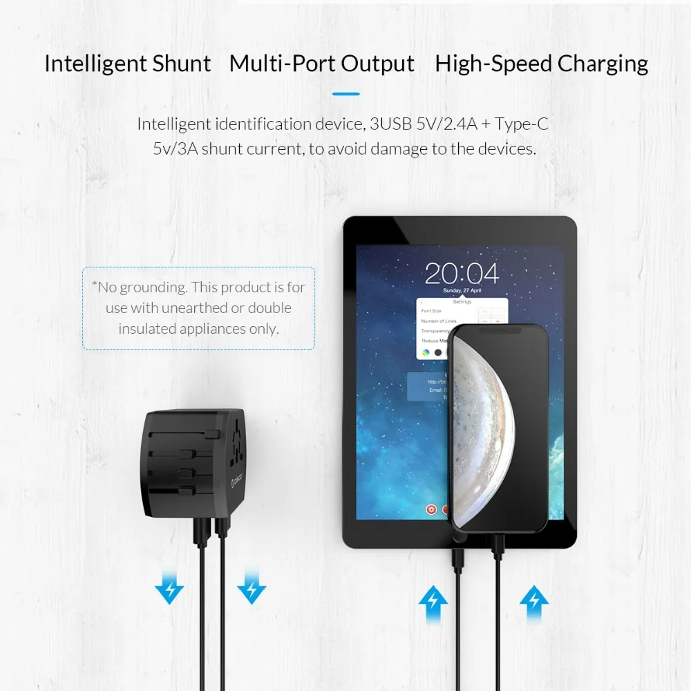 Дорожный адаптер ORICO Международная штепсельная розетка Все в одном 3 USB 1 Type C 5V3.4A