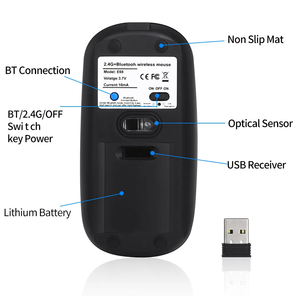 Перезаряжаемая Беспроводная Bluetooth 4 0 + 2 4G двойной режим в 1 Зарядка мышь 1600