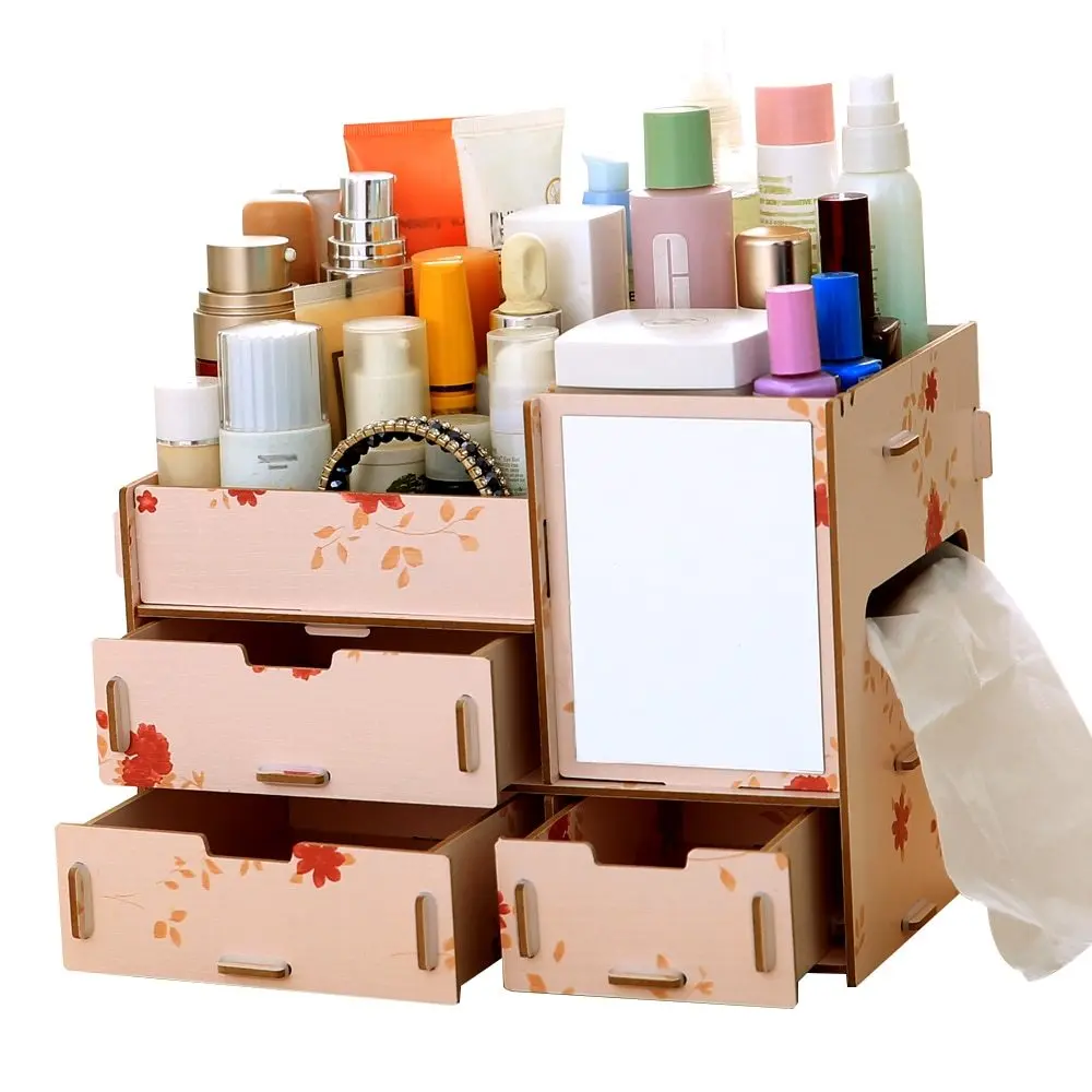 

DIY Wooden Storage Box Makeup Organizer Case with Mirror Multi Drawers Large Capacity Jewelry Container Cosmetic Storage Box