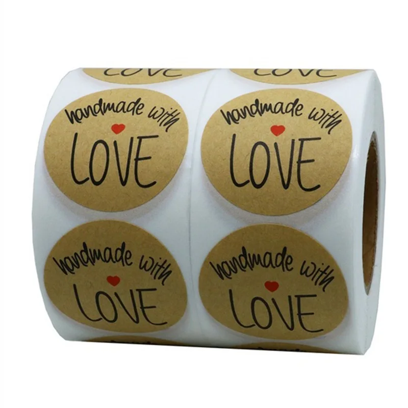 1 Inch Round Natural Kraft Handmade With Love Stickers Black Font Total 500 Adhesive Labels Per Roll (1 Roll) | Канцтовары для
