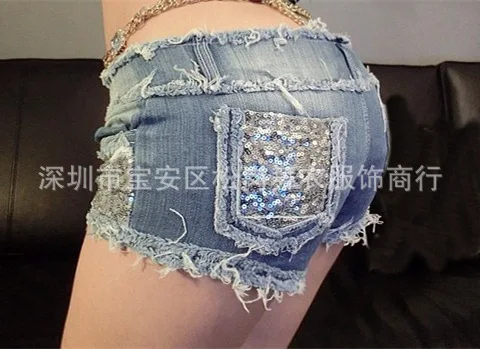 Sexe Mara Appliques Sexy Club Micro Mini Jeans Shorts Low Waisted Pole Dance Zipper Fly Woman Super Short Mujer | Женская одежда