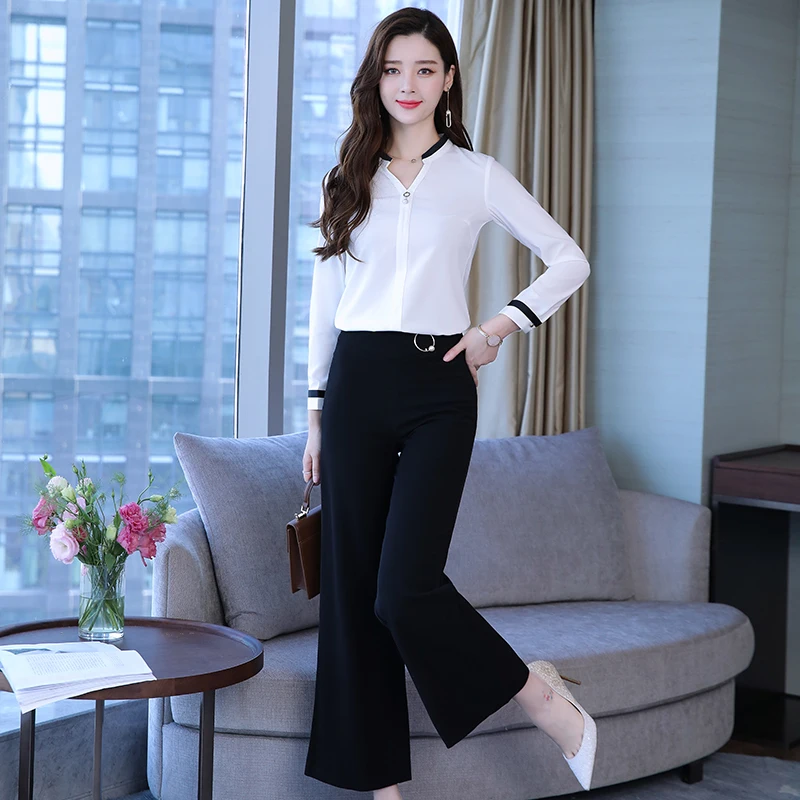 

2019 Autumn new shirt & wide-legged pants two-piece suit Korean fashion women clothing set outfit chiffon vestido top trousers