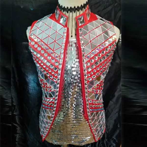 Koop Fashion Rood Zilver Vest Jas Mannelijke Zanger Kostuum Met Nep Stenen Punk Stijl Ds Dj Jas Prestaties Jas