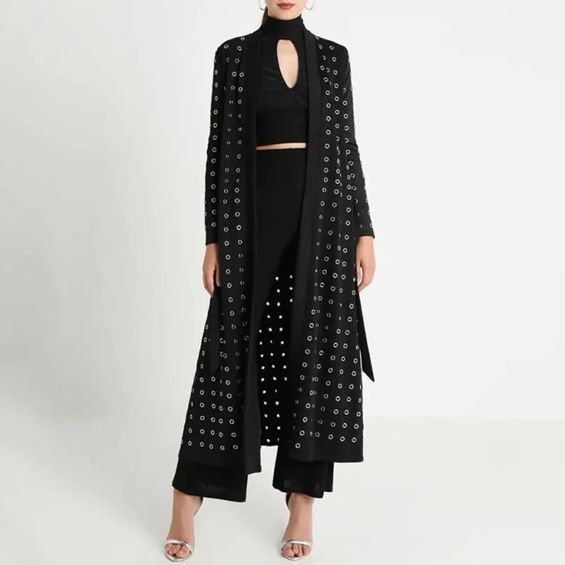 TWOTWINSTYLE Heavy Eyelets Coat Female Cardigan Long Sleeve Lace Up Black Women's Windbreaker Fashion 2018 Autumn New | Женская