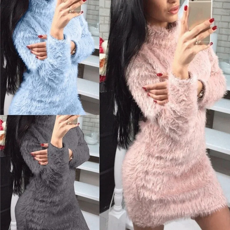 Women's hairy high neck long sleeve sweater dress loose Pullover warm | Женская одежда