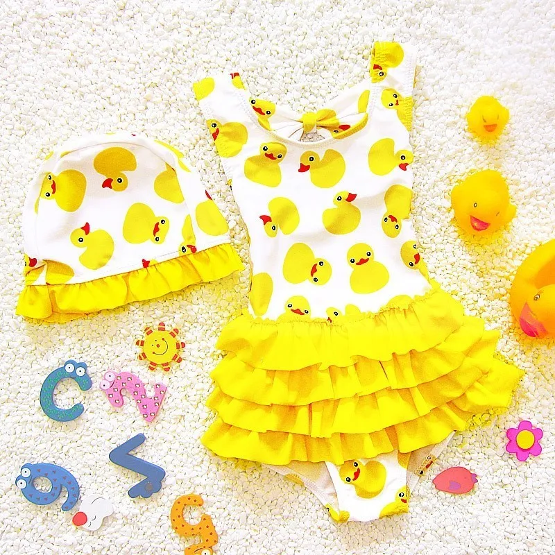 

Children Swimwear Cartoon Baby Skirts Swimming Suit Girl's Beach Bodysuit Tankini Bathing Clothes For 1-5T Girl With Hat Costume