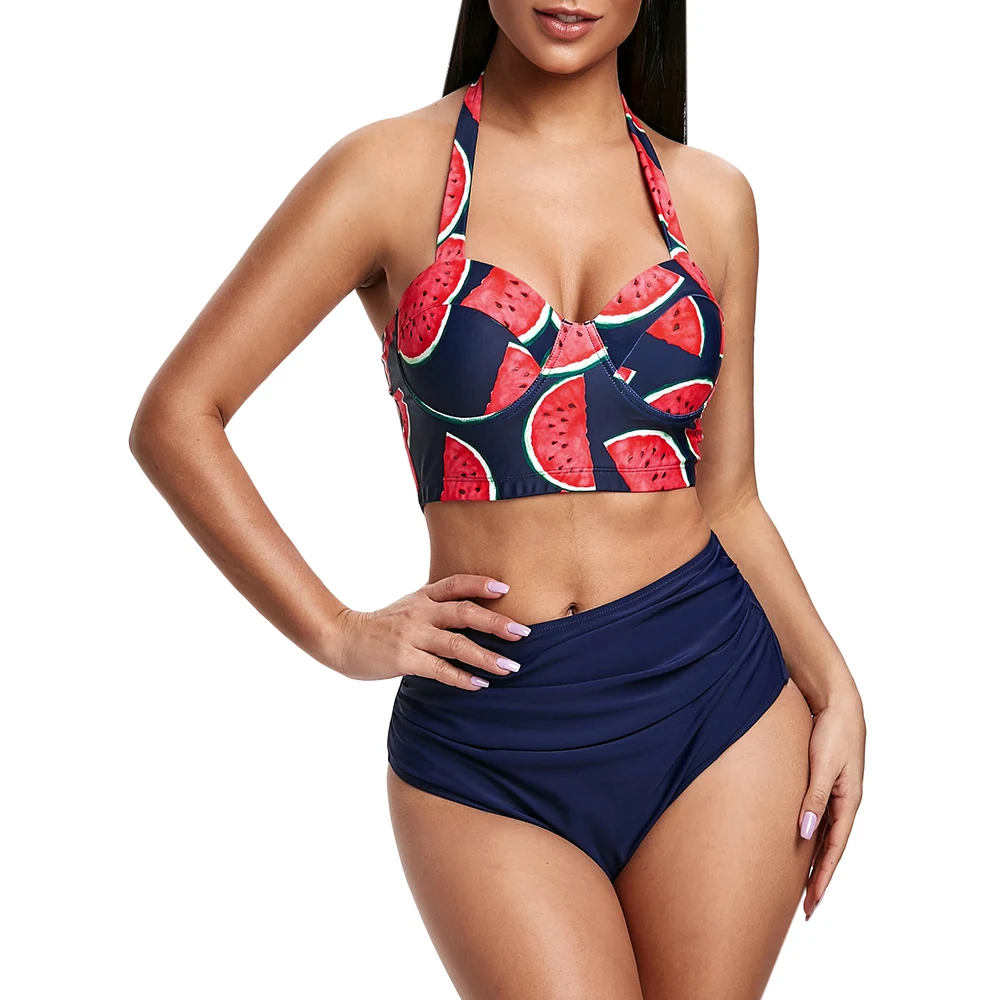 Комплект бикини с принтом арбуза вырезами высокой талией на косточках Мягкий
