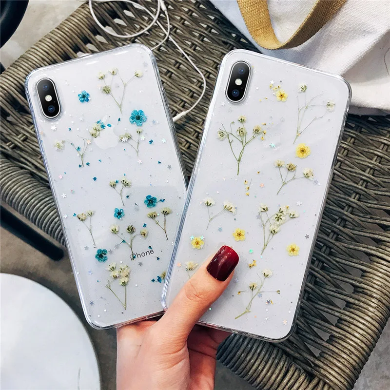 Lovebay Phone Case For iPhone 6 6s 7 8 Plus X XR XS Max Real Flowers Dried Transparent Soft TPU |