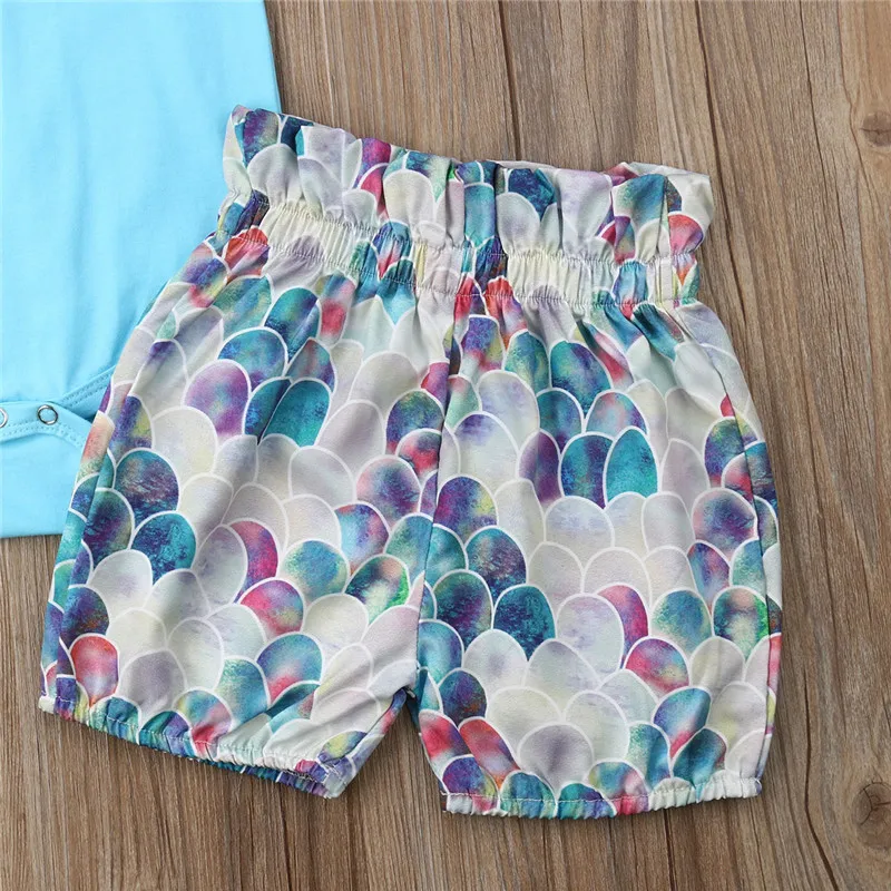 2019 Fashion Baby Girl Summer Clothes Solid Short Flying Sleeve Romper Tops+Infant High Waist Fish Shorts+Headband Outfit | Детская