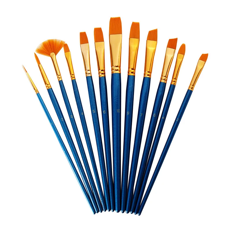 12Pcs/Lot Nylon Different Head Watercolor Paint Brushes Blue Black Handle Gouache Painting Artistic Set Art Supplies  Канцтовары