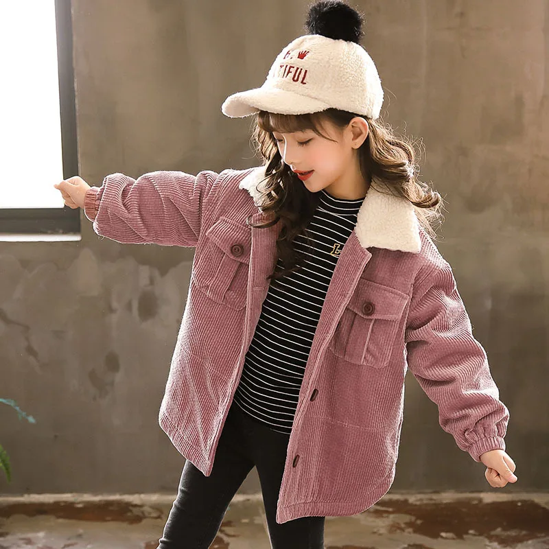 Осенне зимнее шерстяное пальто для девочек детское розовое вельветовое модное