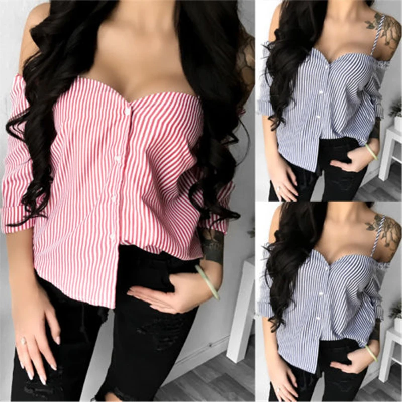 Женская свободная рубашка в полоску Летняя Повседневная Блузка с открытыми