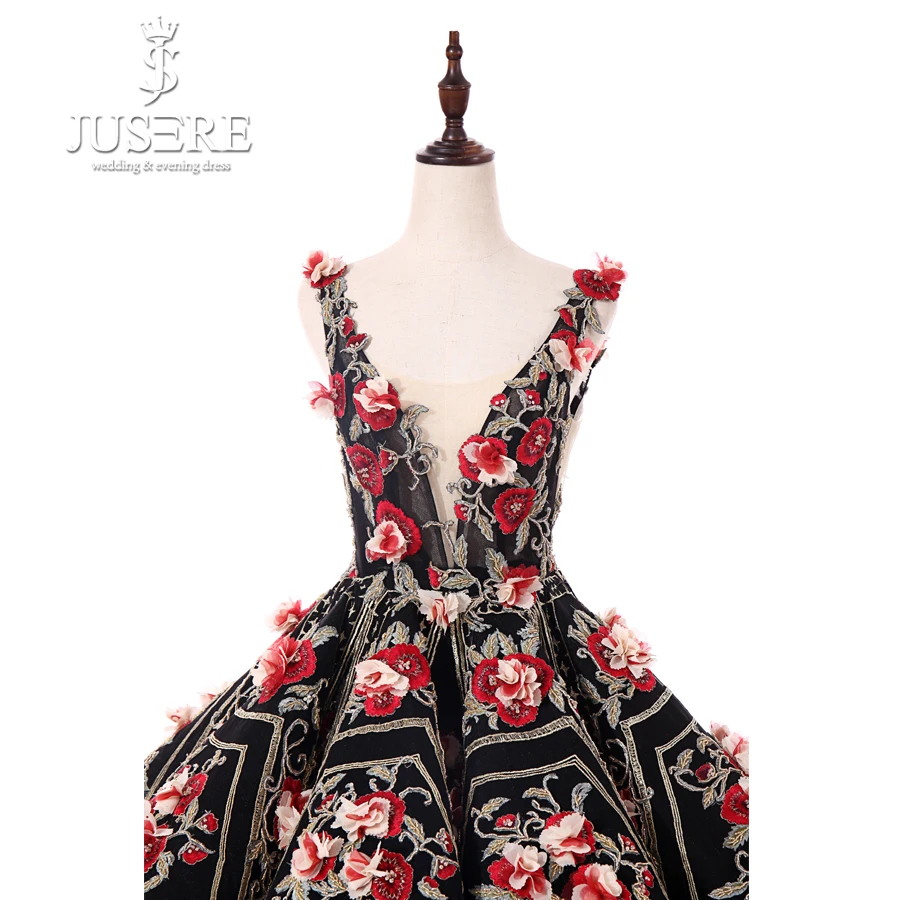 JUSERE Black Long Evening Dress 3D Flower Embroidery V-Neck Backless Sweep Train Formal Party Gowns Vestido de festa longo 2019