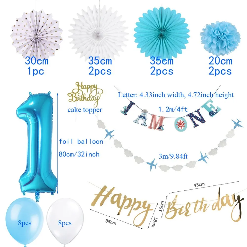 First Birthday Boy Party 1st Decor 28pcs/set With I AM ONE Banner Latex Balloon Paper Rosette Fans For Kids | Дом и сад