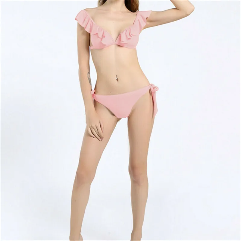 

Swimsuit 2019 Women Push-up Padded Bandage Bikini Set Red/Pink Ruffles Low Waist Triangle Swimwear Retro Bathing Suit Brazilian