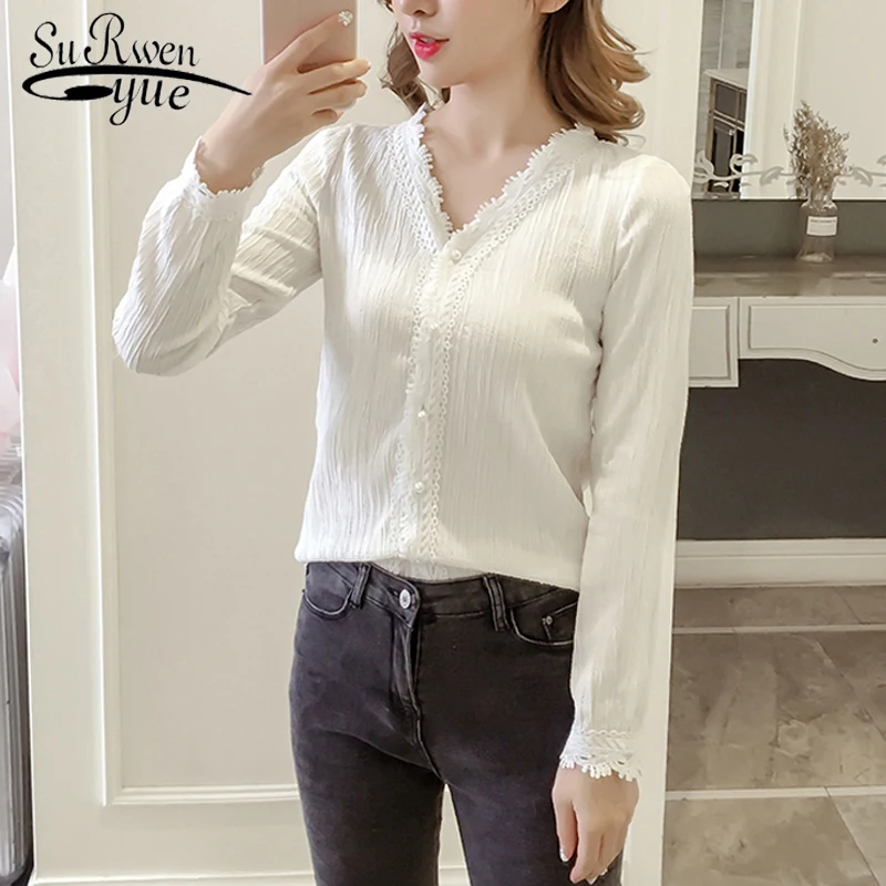женская блузка рубашка Осень корейский стиль v воротник длинный рукав шикарная