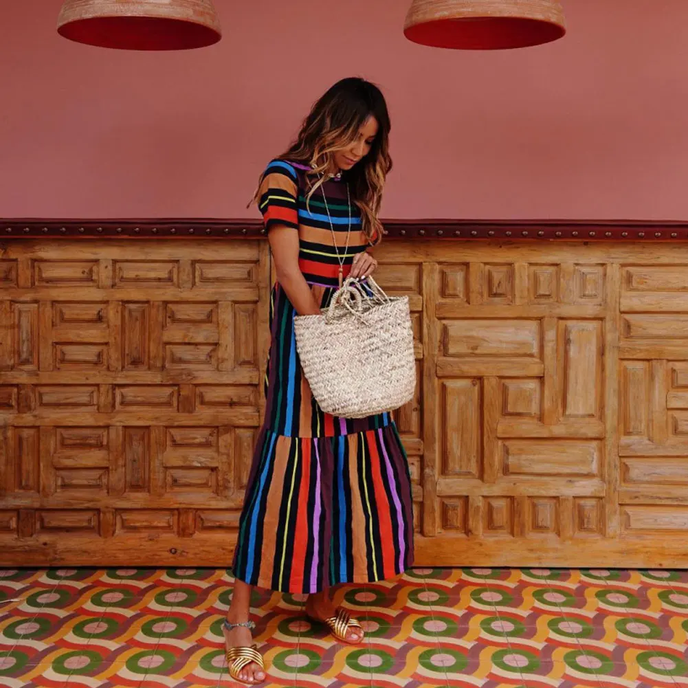 Женское длинное платье рубашка в полоску разноцветное Радужное пляжное большие