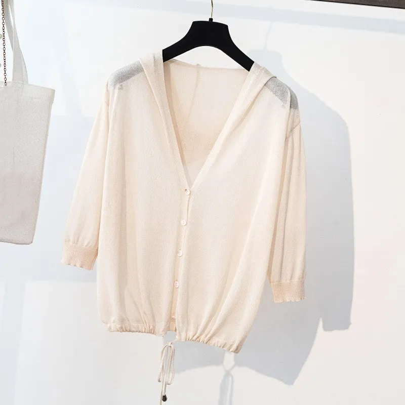 Hot Sale Female Hooded Lace-Up Knitted Sweaters Solid Ladies Spring Summer Single Breasted Thin Cardigans |