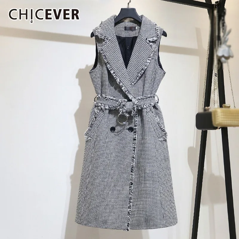 CHICEVER клетчатый жилет для женщин куртка без рукавов V образным вырезом двубортный