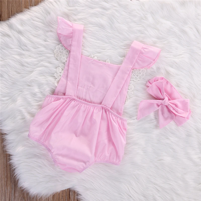 Newborn Infant Baby Girls Pink Lace Floral Romper 2018 New Arrival Fashion Backless Jumpsuit Outfits Set +headband Sunsuit 0-18M |