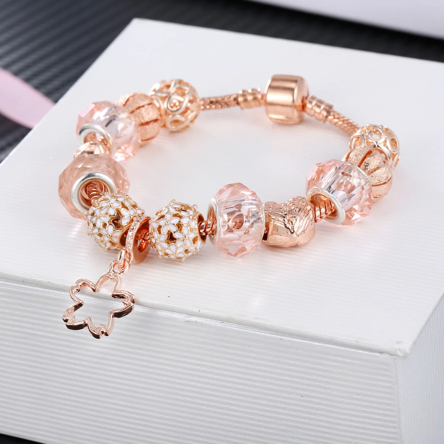 Розовый Кристалл бусины Diy Шарм pandora браслет Femme для женщин девушек винтажные