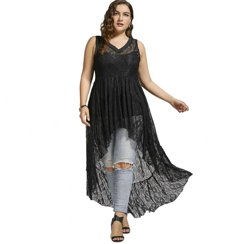 Wipalo Women Long Shirts Sleeve High Low Lace Plus Size Top V Neck See Through Button Up Tops Female Casual Shirt | Женская одежда