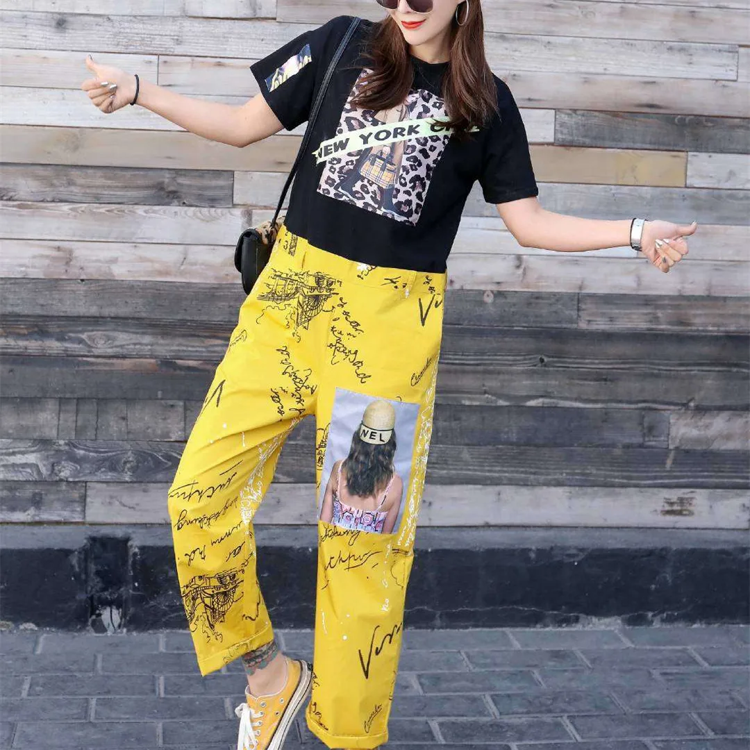 Vefadisa Pattern Print Jumpsuits Women Yellow Patchwork Short Sleeve Bodysuit Street T Shirt One Piece Pants Summer Pant ZLD863 | Женская
