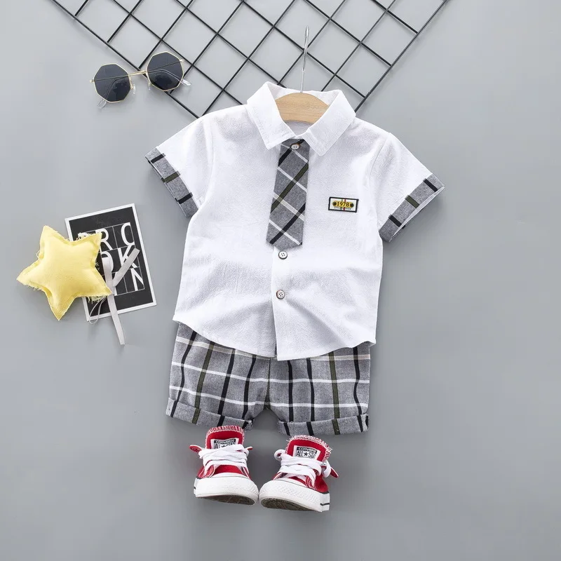 Kids Fashion Clothing Summer Children Boys Grils Cotton Clothes 2020 Plaid Tie Shirt Pants 2Pcs/Sets Toddler Gentleman Tracksuit | Мать и
