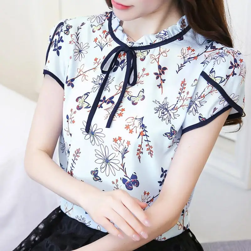 

MISSKY 2019 New Women Summer Shirt Lacing Floral Printing Short Sleeve Stand Collar Chiffon Shirt Female Tops