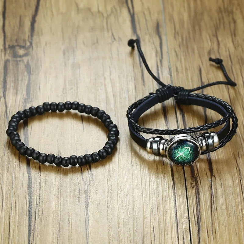 

Vnox 12 Constellation Bracelets Set for Women Men Leather Bangle Beaded Chain Casual Male Jewelry Adjustable Length