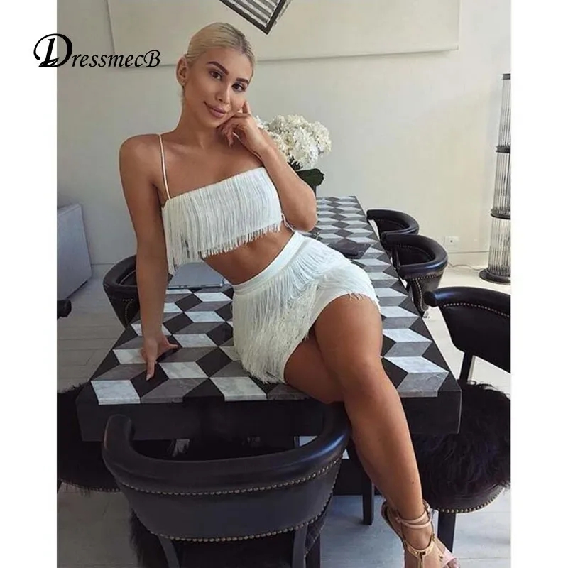 DRESSMECB сексуальное платье с кисточками Женский комплект из двух предметов на