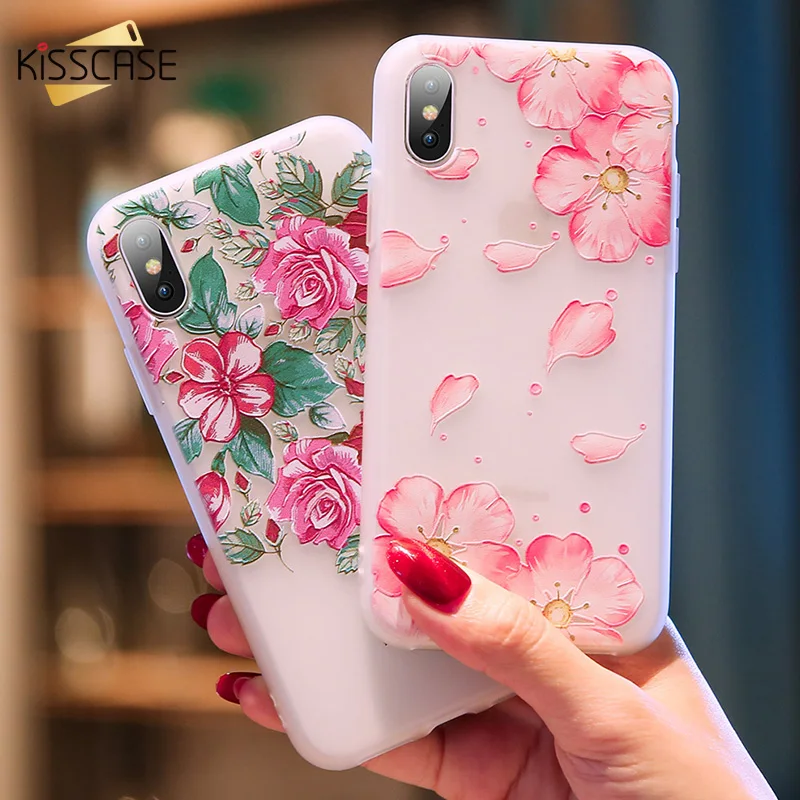 KISSCASE 3D Relief Floral Phone Case For iPhone 6 6S 7 8 Plus 5 5S SE Girly Silicon Back Cover X XS Max XR |