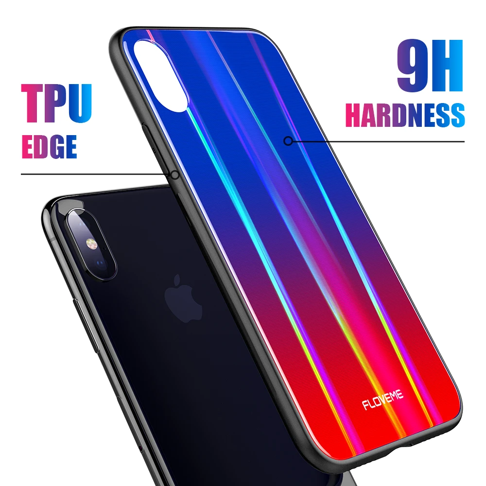 FLOVEME Роскошные Аврора чехол для iPhone X 10 7 8 плюс Чехол градиент закаленное стекло