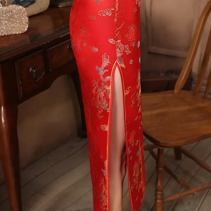 SHENG COCO женские платья в восточном стиле пятнистый Qipao с длинным рукавом красный