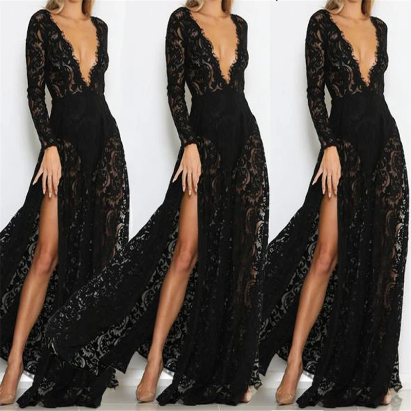 Women Lace Evening Party Prom Gown Dress Lady Formal Empire Waist Long Black V-Neck Sleeve Floor-Length Maxi Dresses | Женская одежда